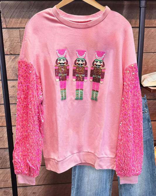 Patchwork Sequined Christmas Nutcracker Pretty Round Neck Blouse