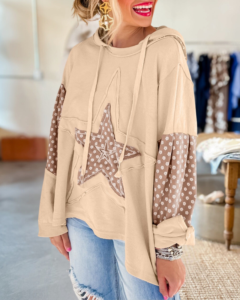 Floral Print Patchwork Star Applique Urban Hooded Top