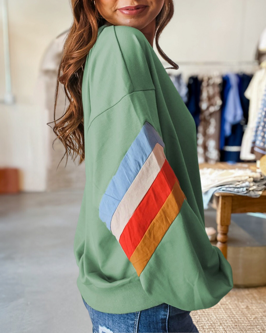 Color Block Striped Patchwork Relaxed Round Neck Sweatshirt