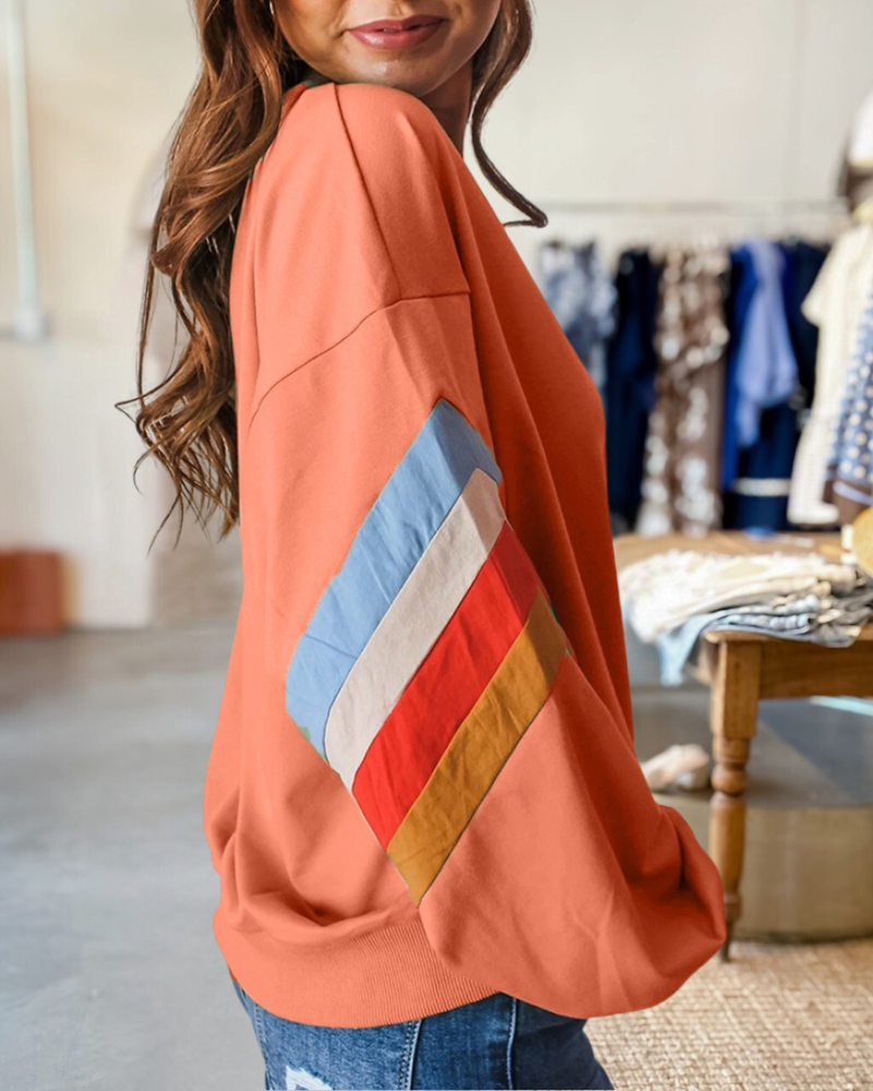 Color Block Striped Patchwork Relaxed Round Neck Sweatshirt