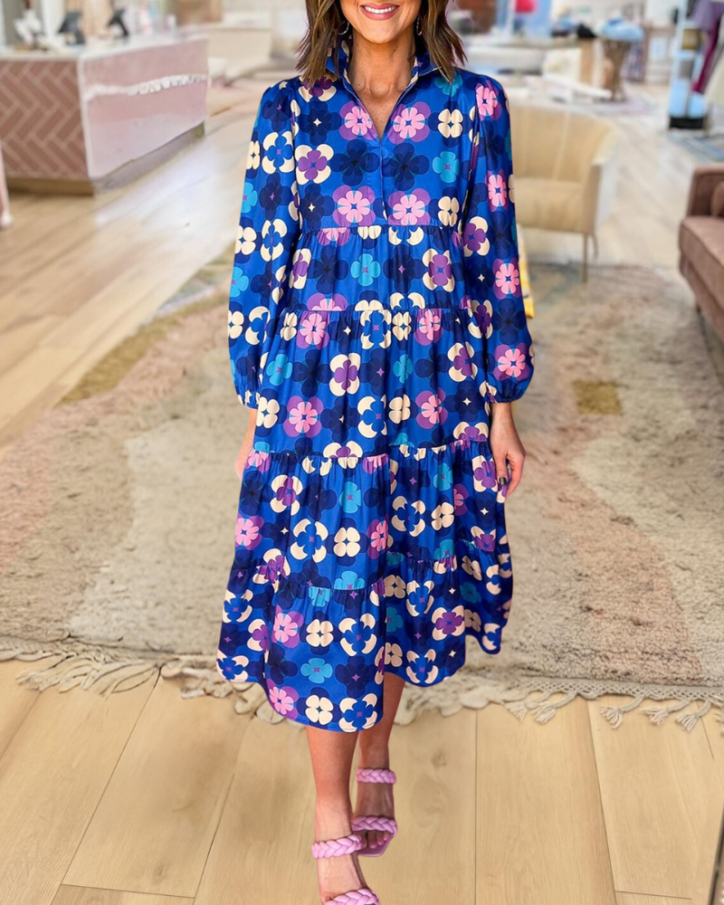 Floral Print Classic Tiered Midi Dress