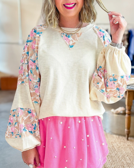 Floral Print Patchwork Versatile Round Neck Blouse