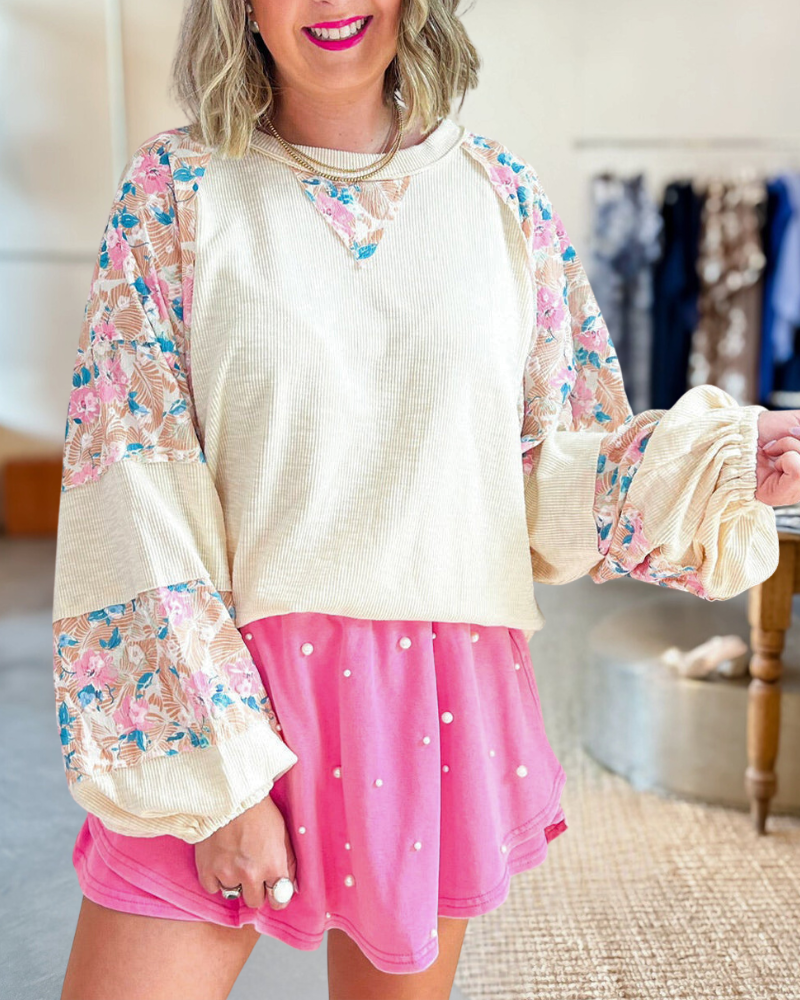 Floral Print Patchwork Versatile Round Neck Blouse