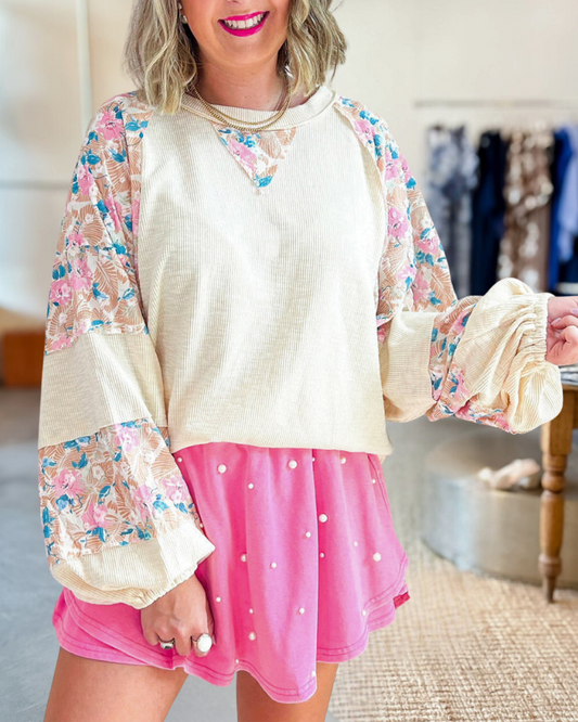 Floral Print Patchwork Versatile Round Neck Blouse