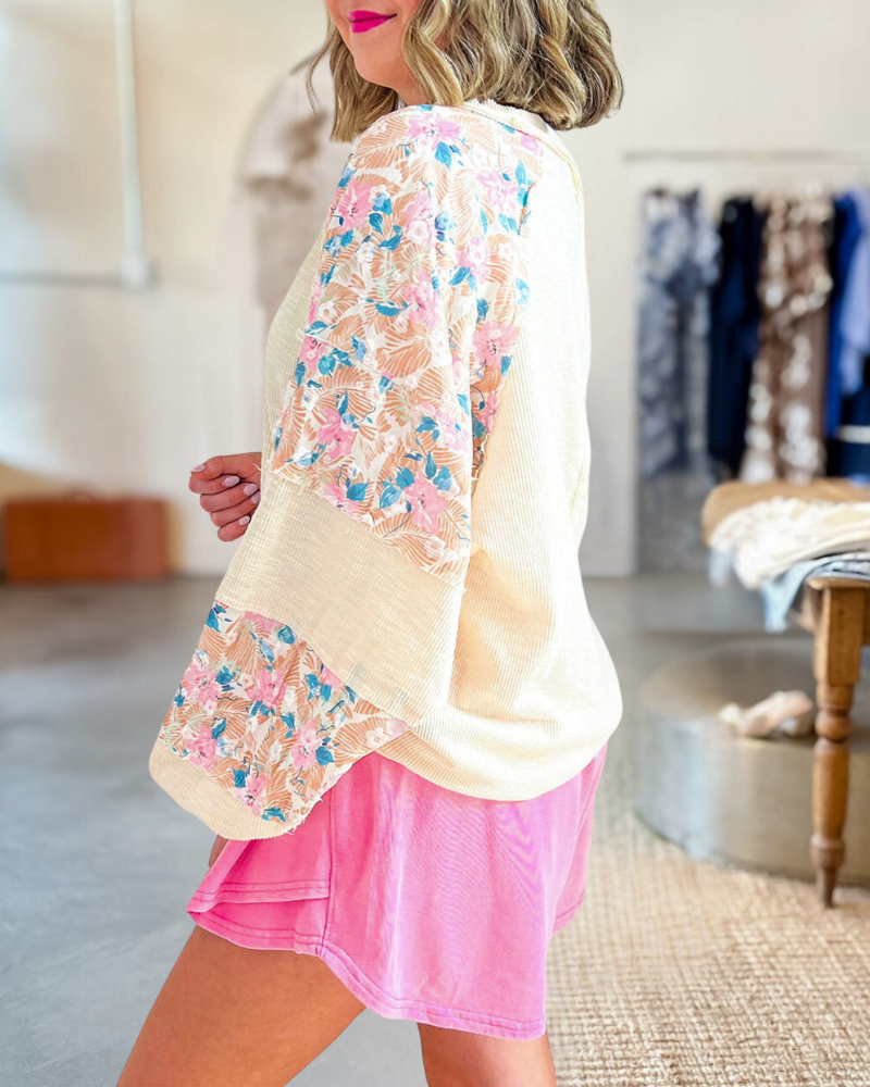 Floral Print Patchwork Versatile Round Neck Blouse