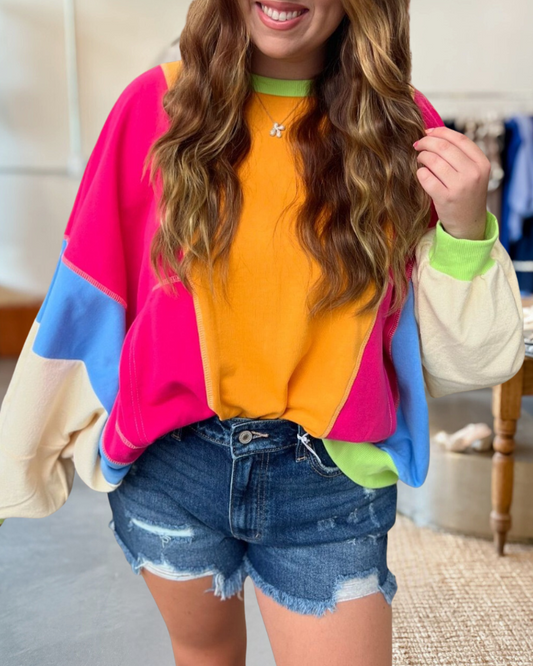 Color Block Quilting Oversized Round Neck Sweatshirt