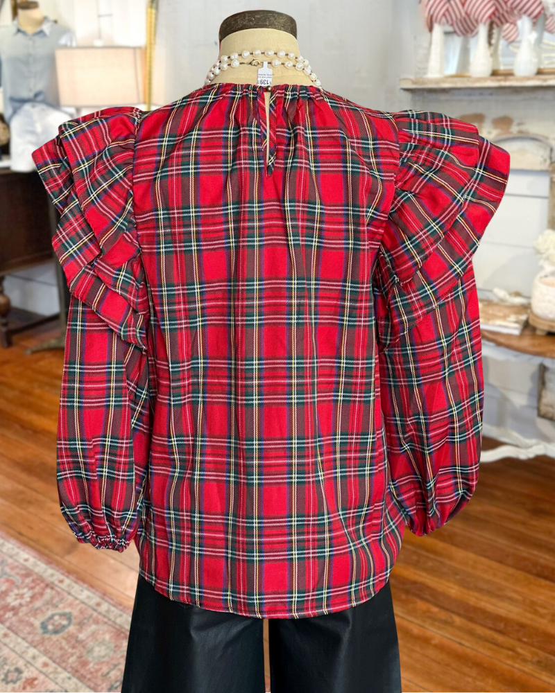 Plaid Pretty Ruffle Shoulder Lantern Sleeve Blouse