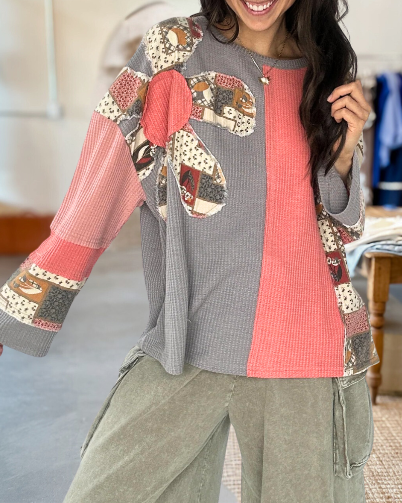 Flower Applique Urban Patchwork Color Block Waffle Blouse