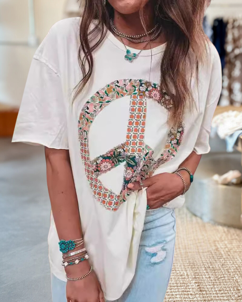 Printed Peace Sign Applique Oversized Round Neck T-Shirt