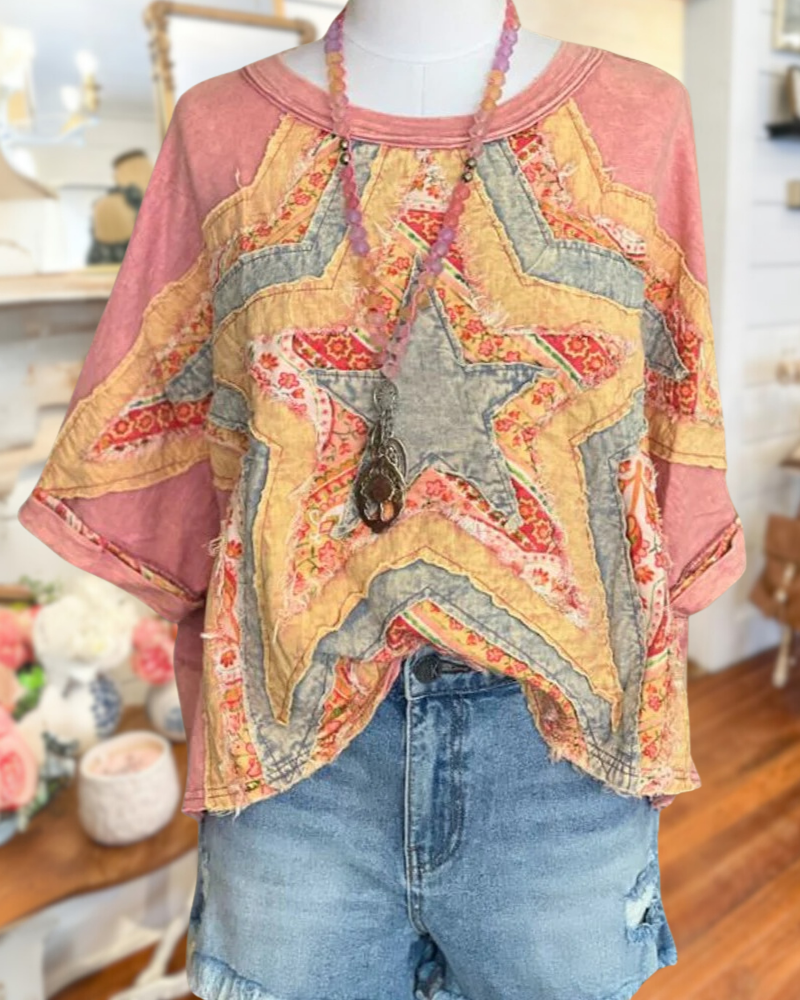 Printed Star Round Neck Boyish T-Shirt