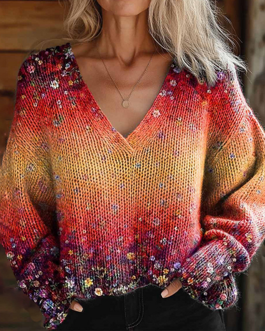 Flower Art Print Knit Turtleneck Pullover Sweater