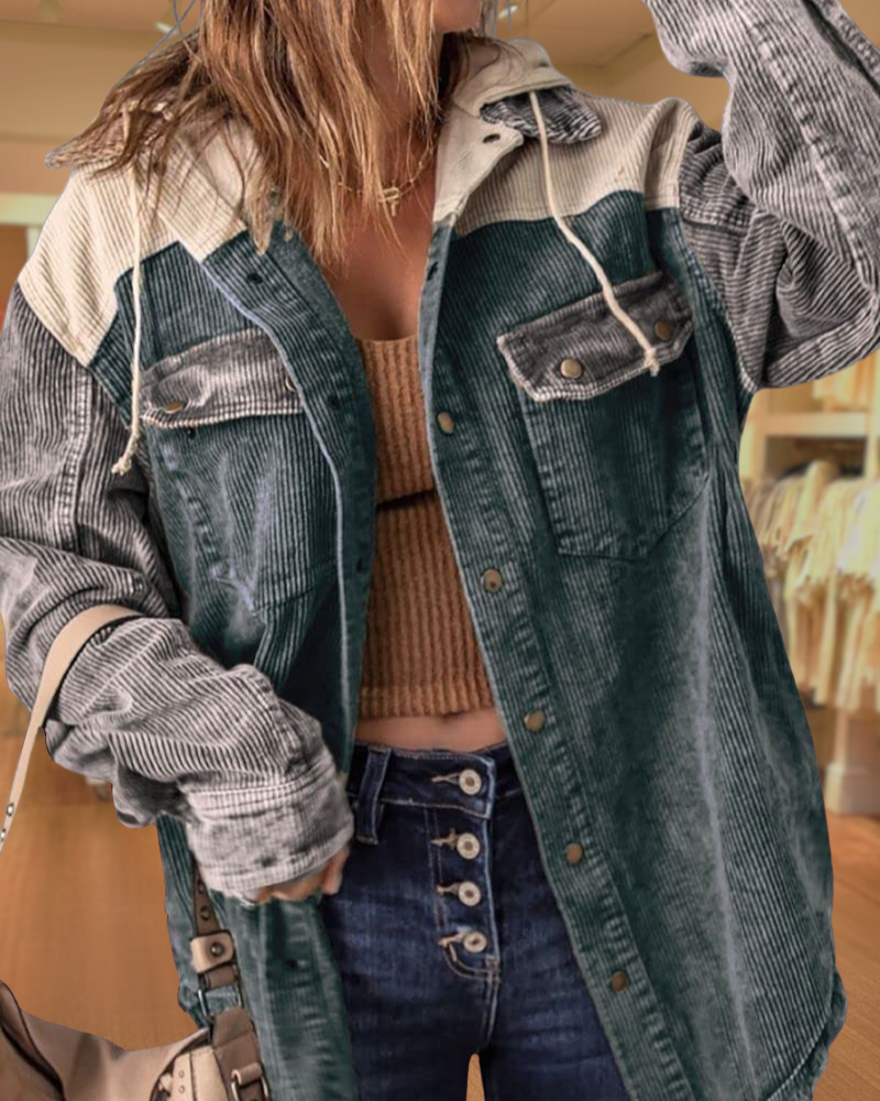 Corduroy  Hooded Color Block Shackets