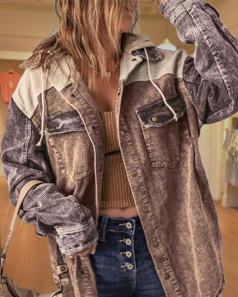 Corduroy  Hooded Color Block Shackets