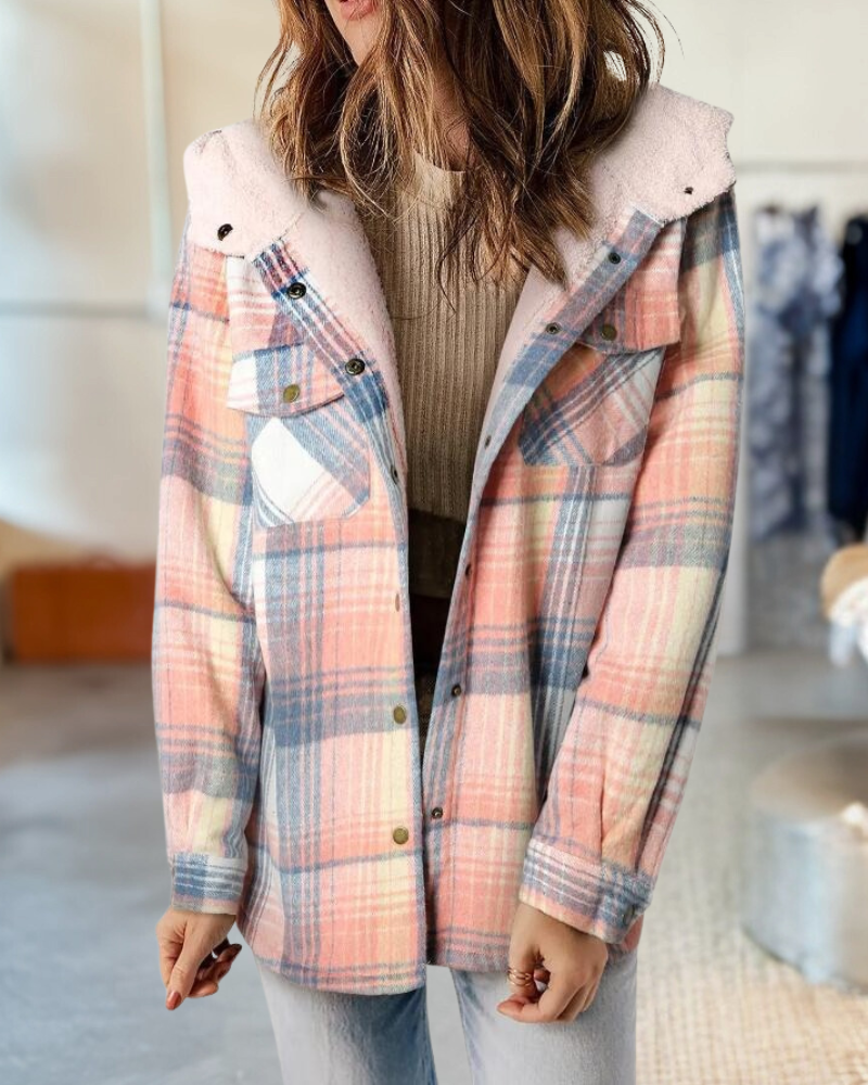 Plaid Print Button Front Hooded Jacket