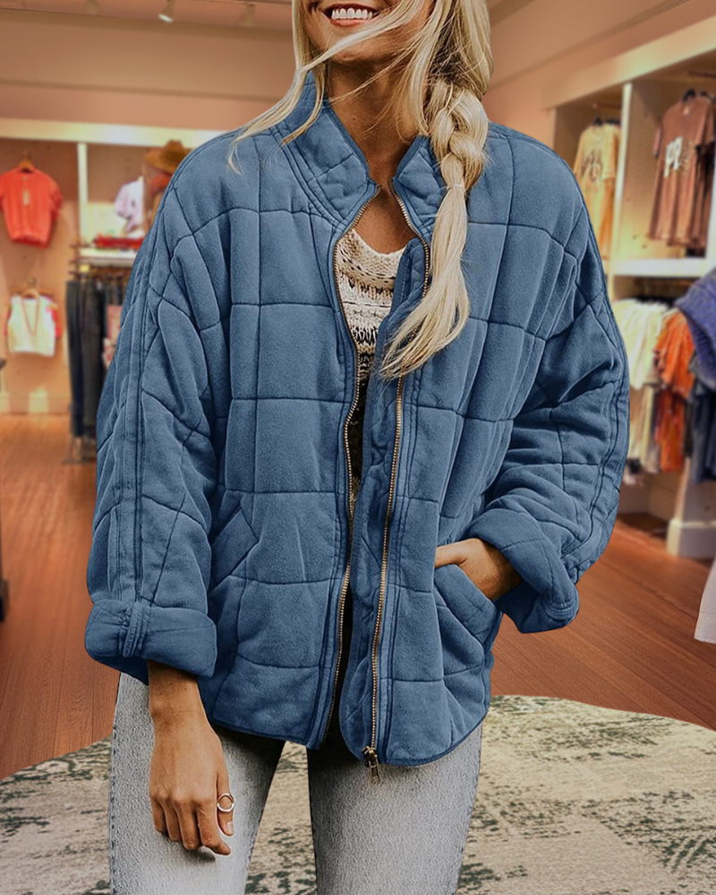 Quilted Knit Stand Collar Zip Up Coats