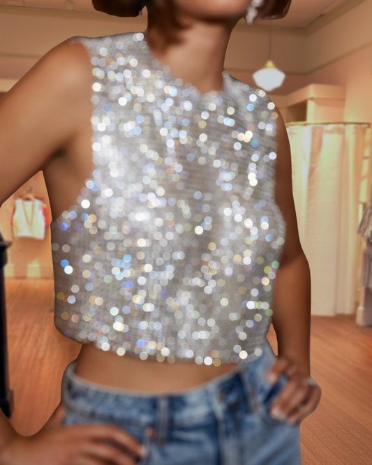 Rhinestone Mesh Sleeveless Crop Top