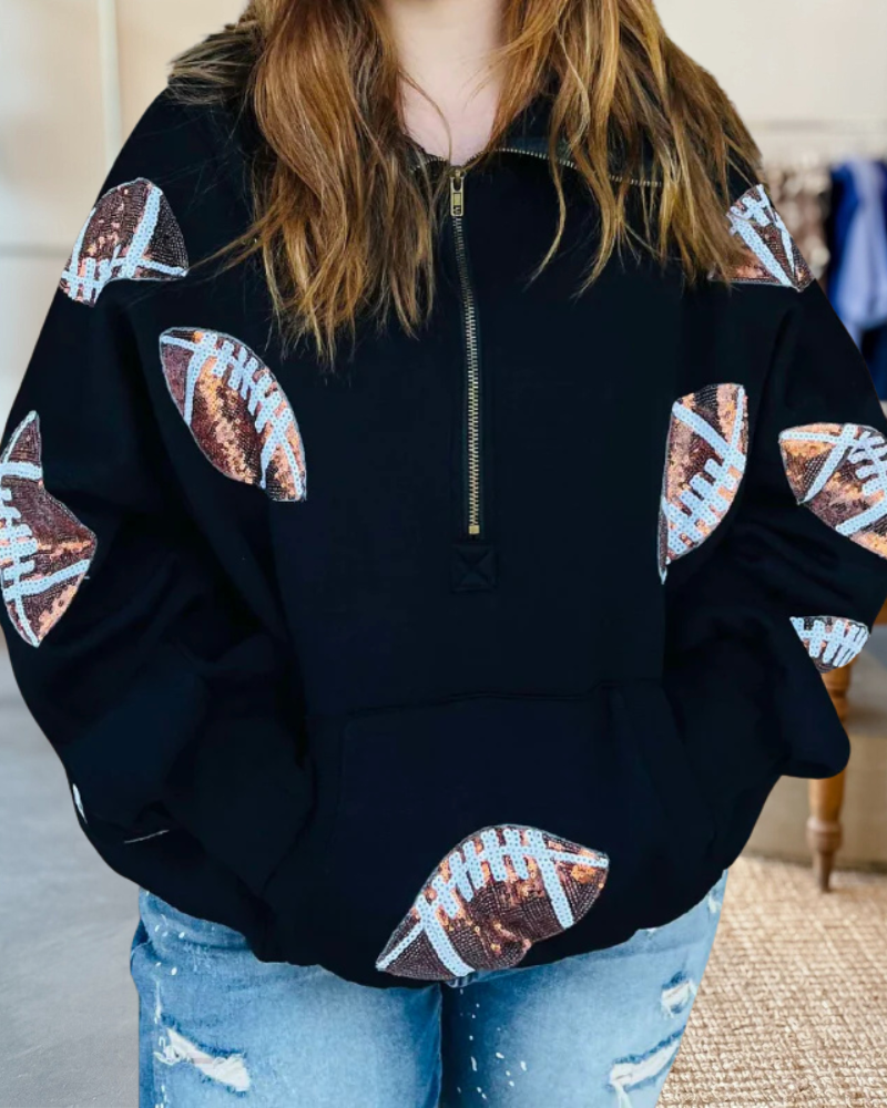 Sequined Footballs Half Zip Up Hoodie