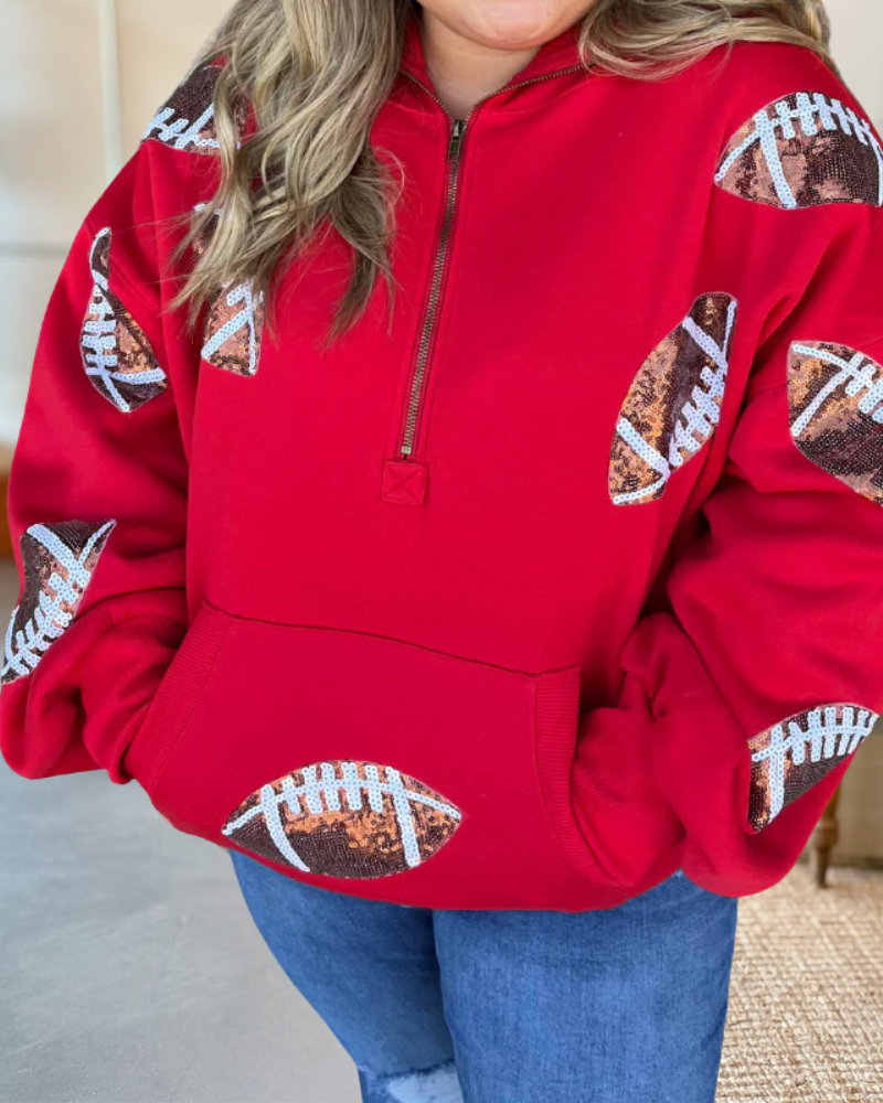 Sequined Footballs Half Zip Up Hoodie