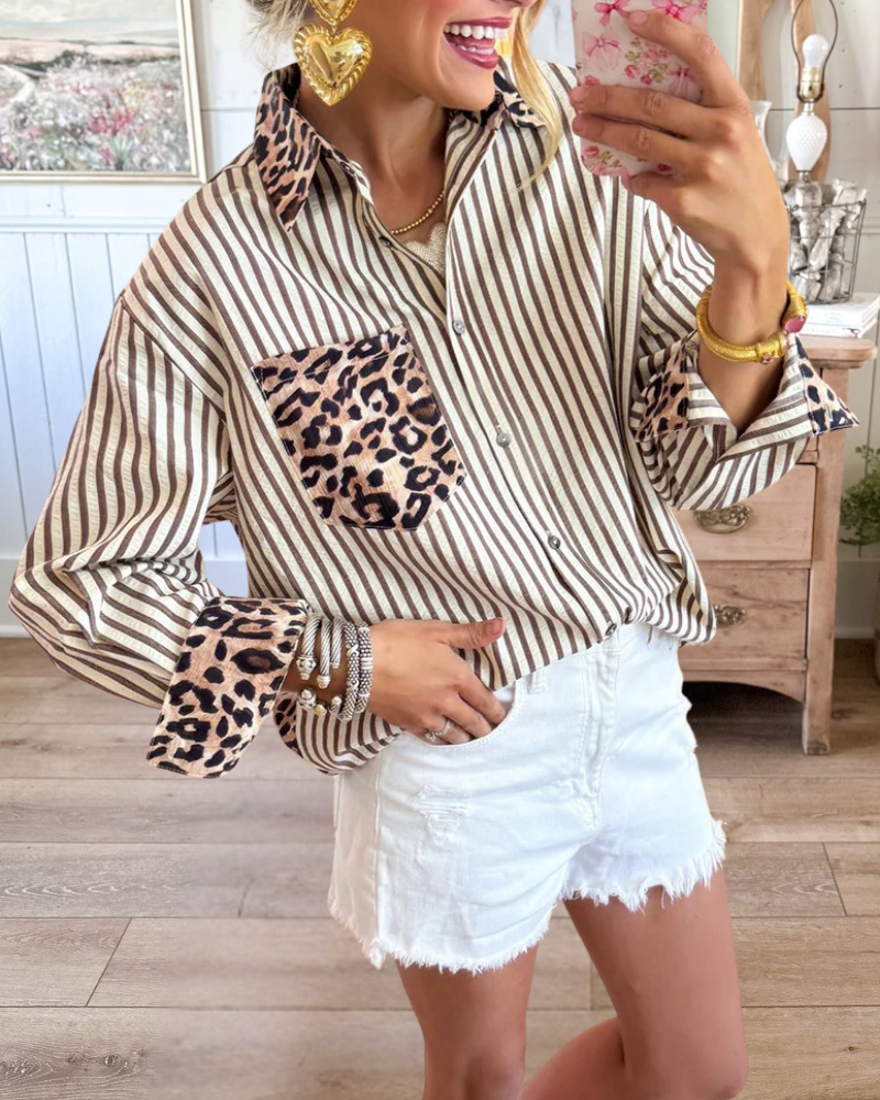 Brown Leopard Print Stripe Top