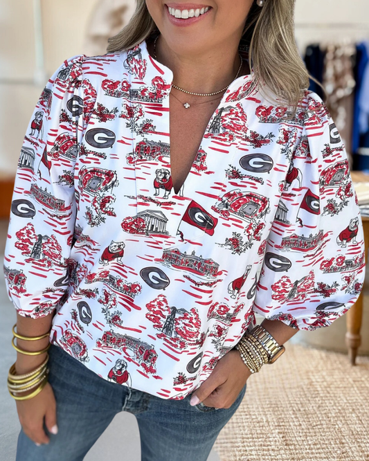 Georgia Bulldogs Scenic Printed Puff Sleeve Blouse