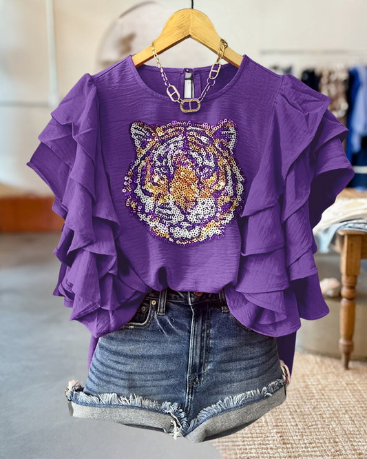 Game Day Tiger Print Multi-Layer Fly Sleeve Blouse