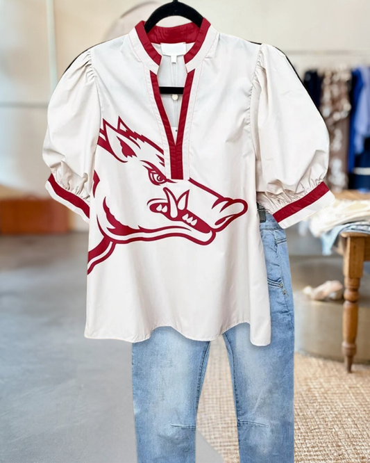 Red Arkansas Pig Puff Sleeve Shirt