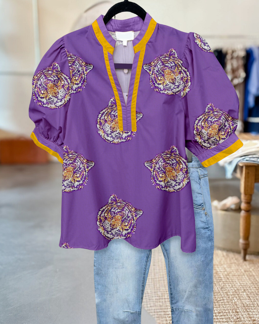 Classic Game Day Purple and Gold Tiger Print Blouse