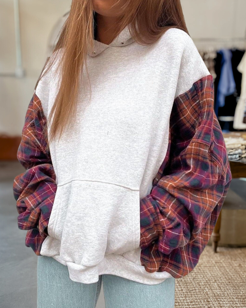 Front Pocket Plaid Sleeved Hoodie
