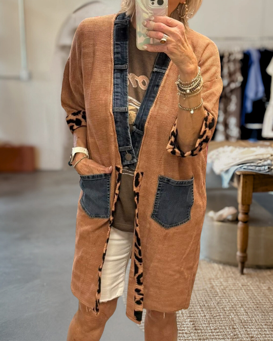 Denim Leopard Trim Cardigan