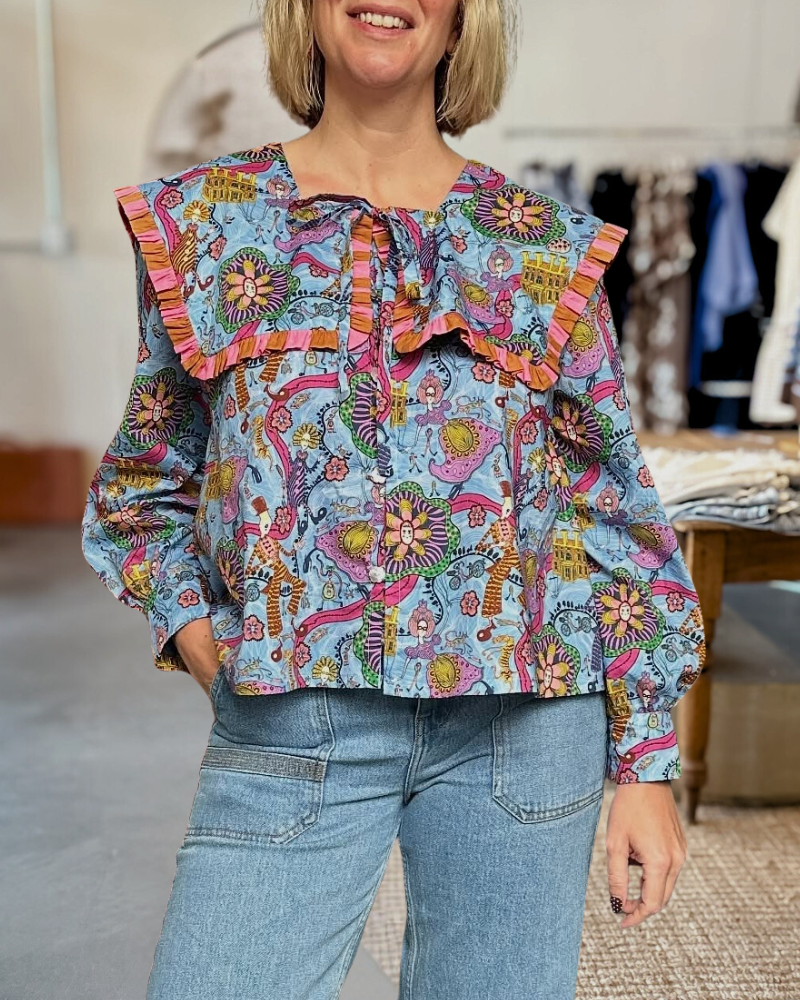 Whimsical Print Ruffled Collar Blouse