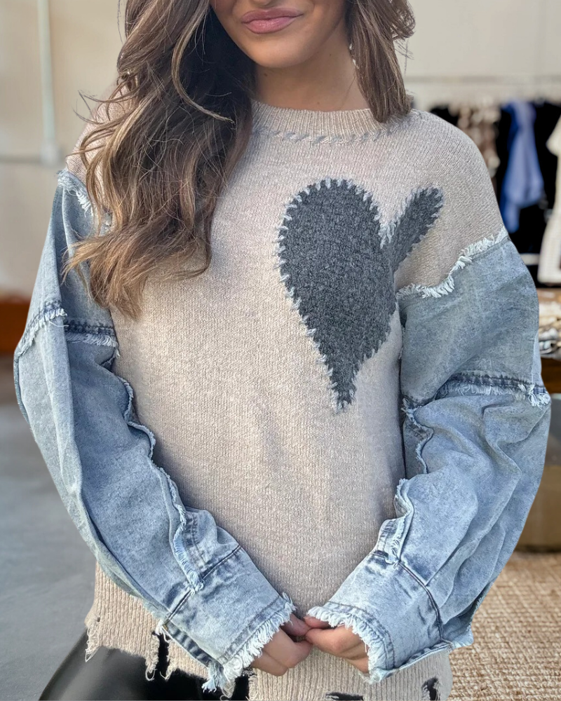 Easel Heart Patch Denim Knit Sweater