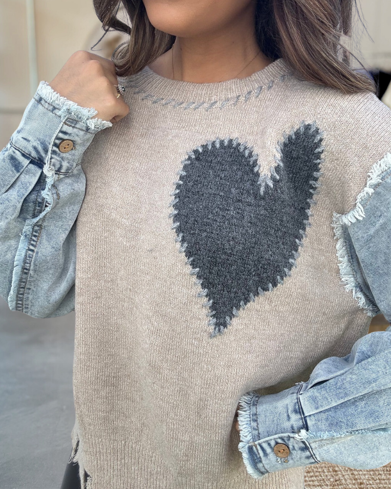Easel Heart Patch Denim Knit Sweater