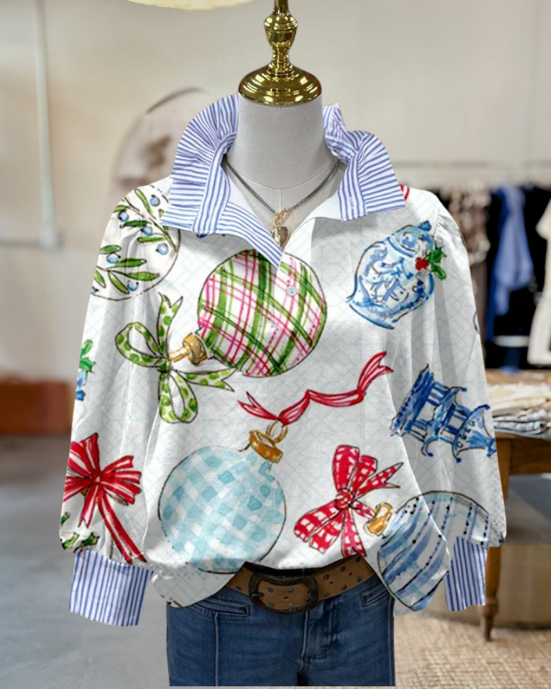 Christmas Ornament Print Striped Collar Shirt