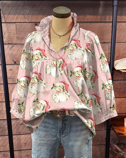 Christmas Santa Print Ruffle V-Neck Blouse