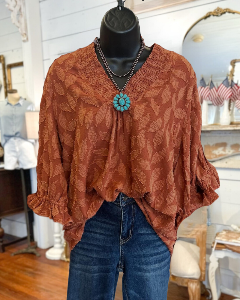 Rust Colored Leaf Textured Flowy Top