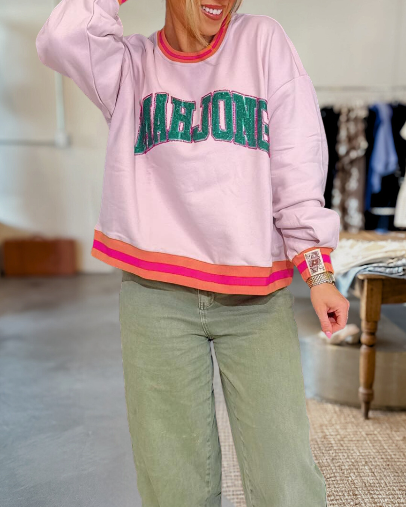 Striped Trims "MAHJONG" Glitter Letter Sweatshirt