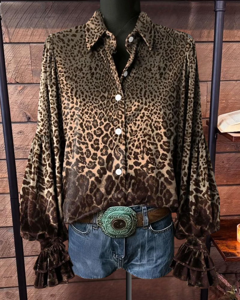 Leopard Print Ruffled Cuffs Shirt