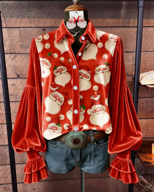 Santa Claus Print Red Velvet Shirt