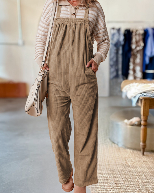Pocketed Loose Fit Corduroy Overalls