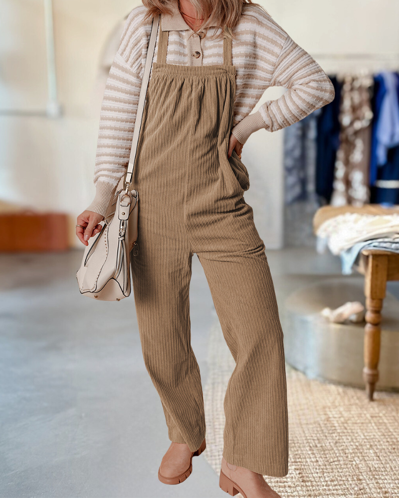Pocketed Loose Fit Corduroy Overalls