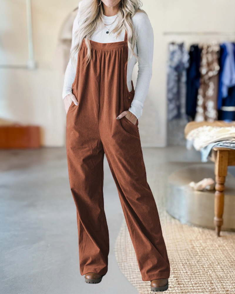 Pocketed Loose Fit Corduroy Overalls