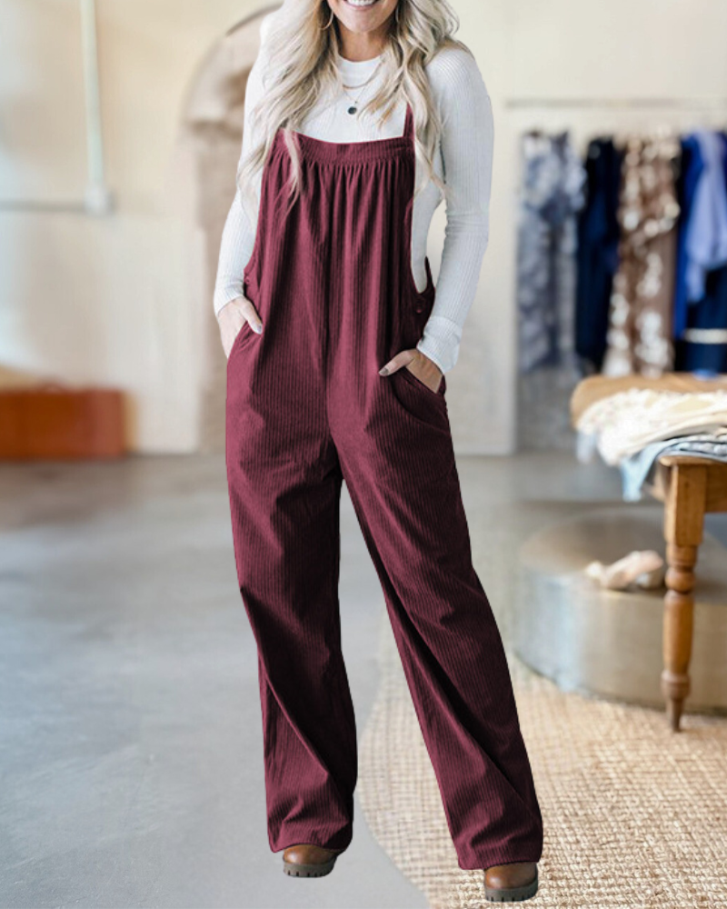 Pocketed Loose Fit Corduroy Overalls