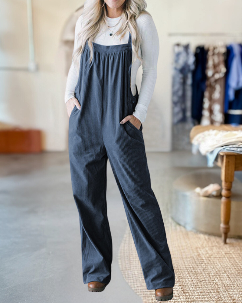 Pocketed Loose Fit Corduroy Overalls