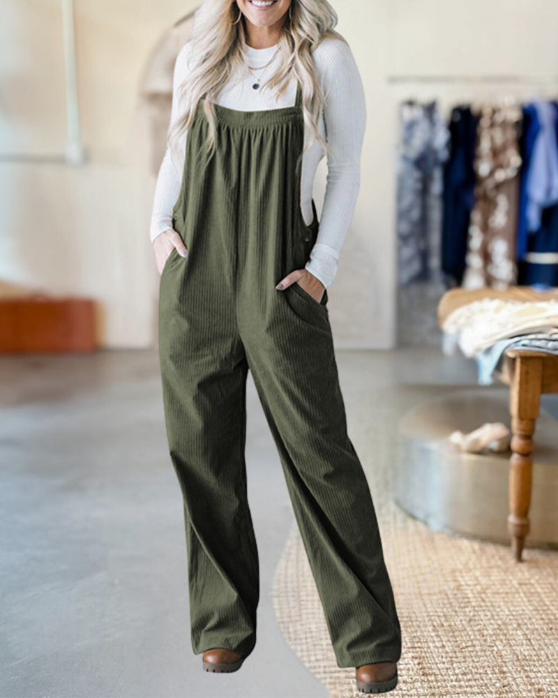 Pocketed Loose Fit Corduroy Overalls