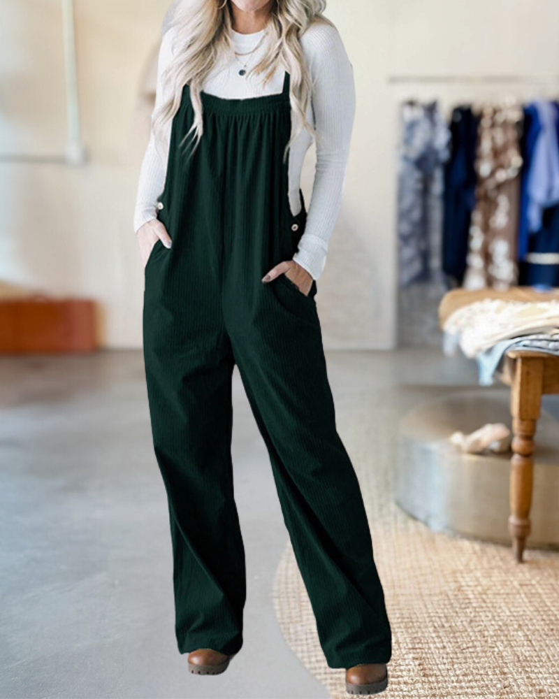 Pocketed Loose Fit Corduroy Overalls