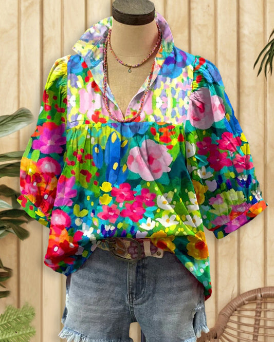 Vibrant Floral Print Rocking V Neck T-Shirt