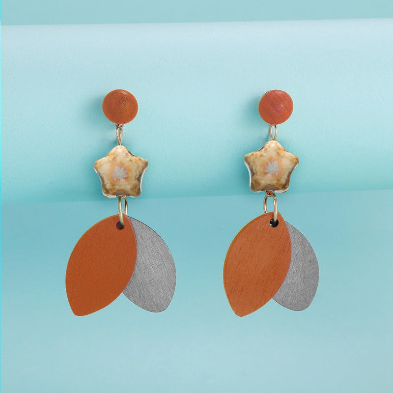 Ceramic Star Decor Modern Wooden Leaf-shaped Pendant Earrings