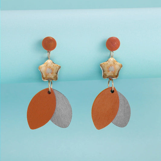 Ceramic Star Decor Modern Wooden Leaf-shaped Pendant Earrings