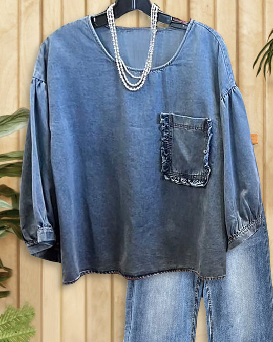 Solid Color Denim Versatile Patch Pocket Blouse