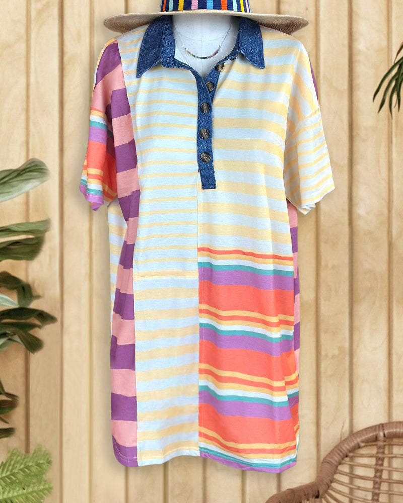 Mixed Striped Patchwork Casual Wear Mini Dress
